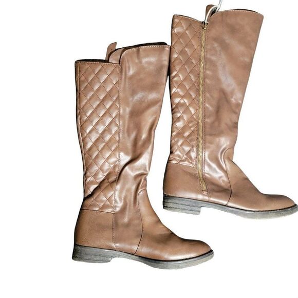 Bongo Womens Brown Leather Checkered Side Zip Thigh High Booties Size 7.5 M - Picture 1 of 6